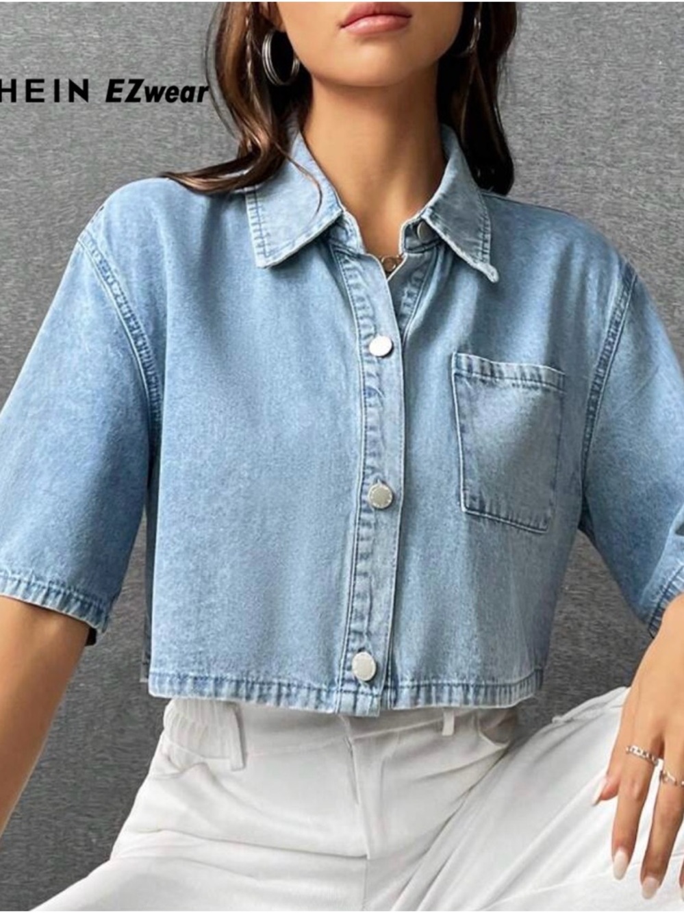Forever 21 Light Blue Cropped Denim Button-Down Shirt